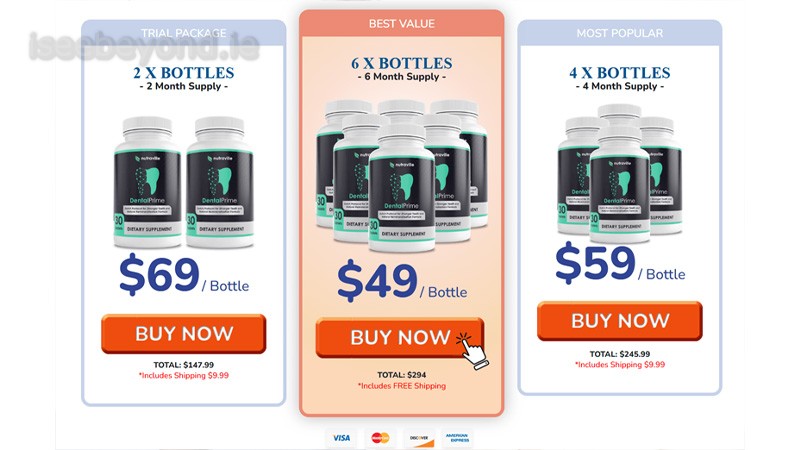 DentalPrime offers bundle pricing that lowers the daily cost, with the best value on multi-bottle packages for long-term use.