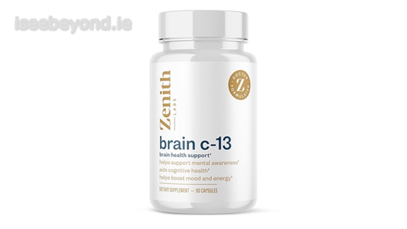 Brain C-13 bottle with label showcasing ingredients aimed at improving mental clarity and focus