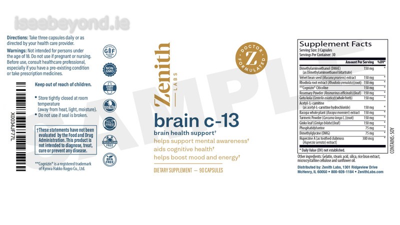 Detailed supplement facts for Brain C-13, highlighting ingredients like Cognizin, Huperzine A, Bacopa Monnieri, and Acetyl-L-Carnitine