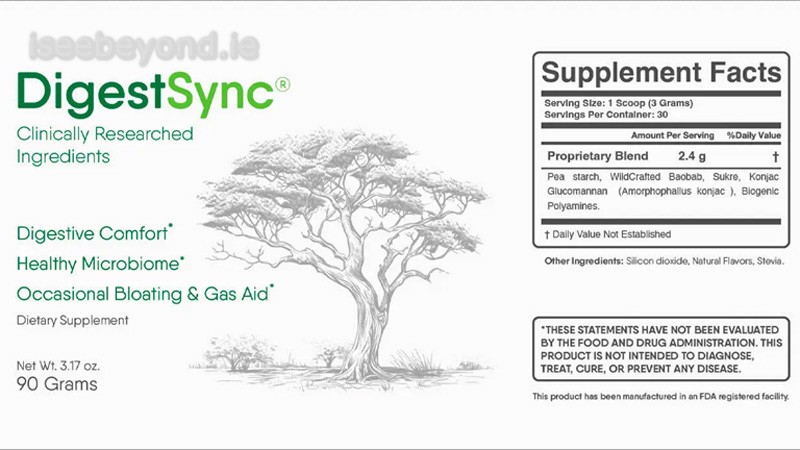 Supplement facts panel of DigestSync, listing the ingredients and their respective dosages.