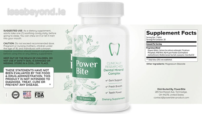 PowerBite ingredient label showing its xylitol-based blend with enzymes and herbal extracts for daily oral support.